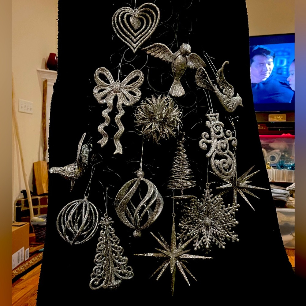 Silver Christmas ornaments.